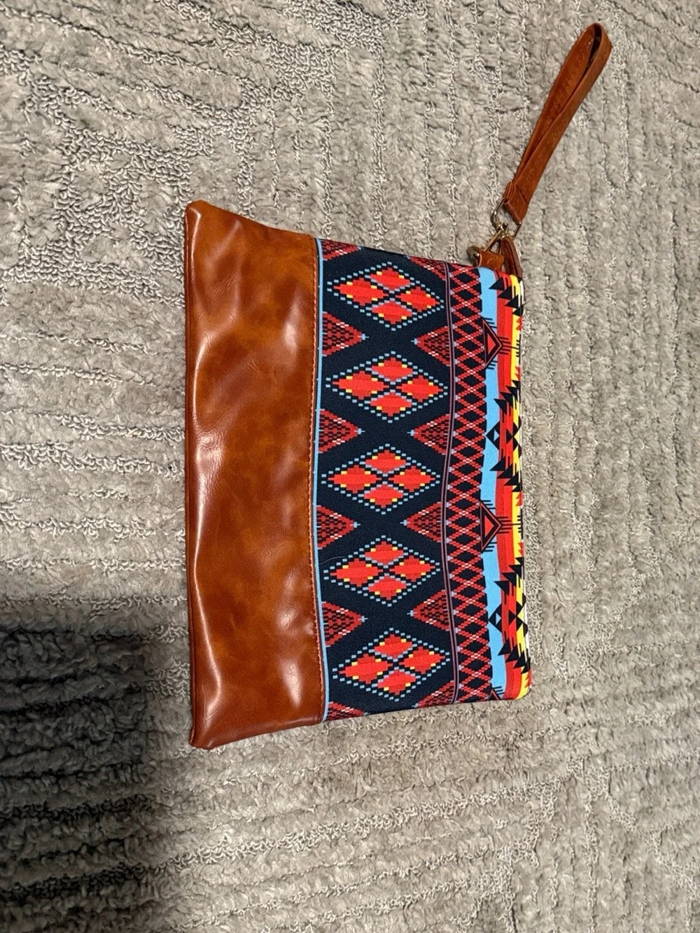Brown Leather & Red Aztec Pattern Wristlet Clutch